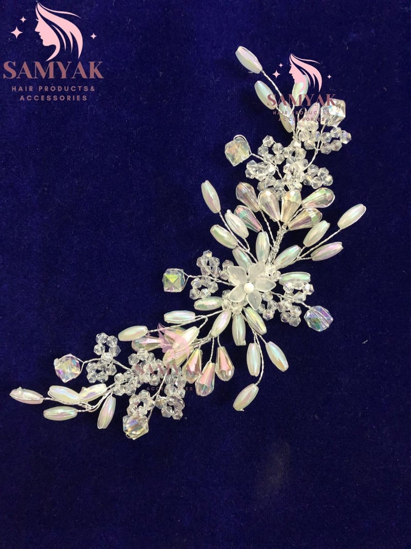 Samyak Combo of 2 Wedding Hair Pins Tiara Accessories Handmade Headdress Brooch for Women & Girls Bridesmaid Hair Vine (Silver-Pink) - Image 5