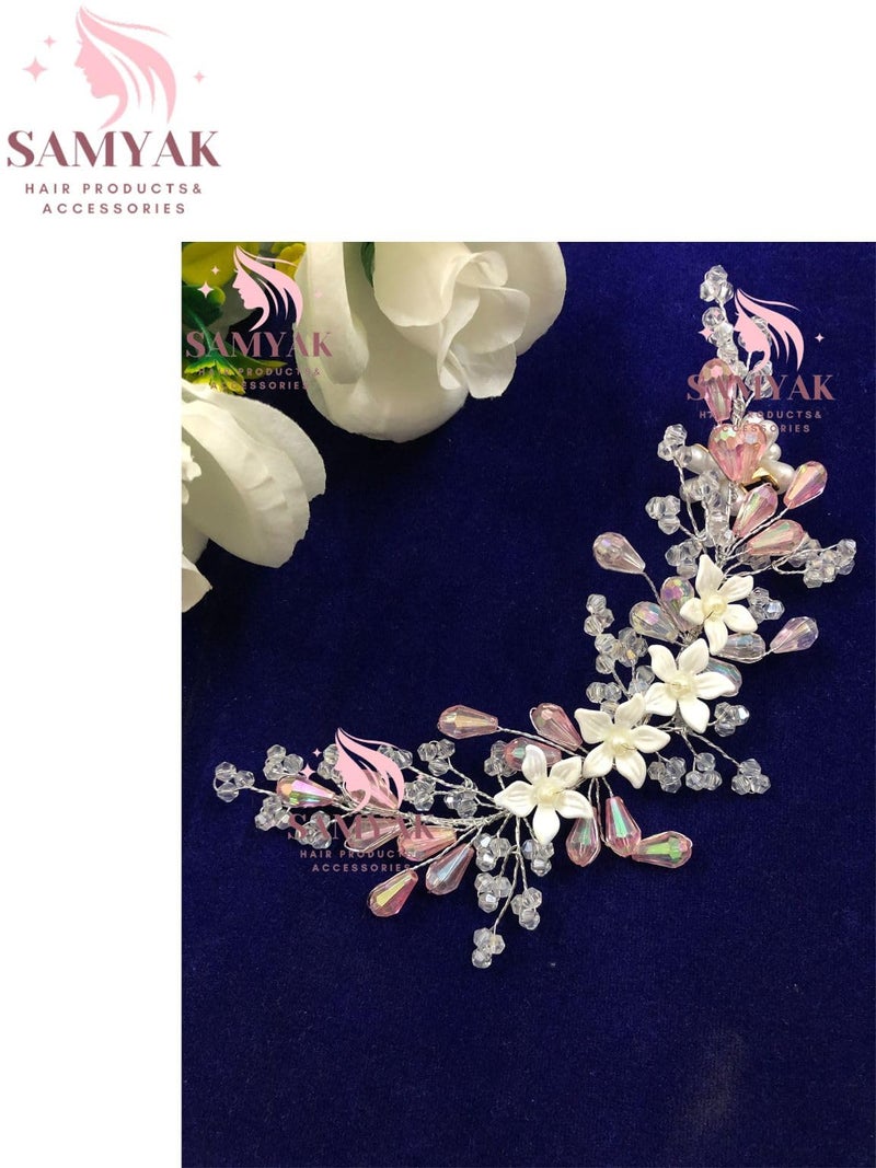 Samyak Combo of 2 Wedding Hair Pins Tiara Accessories Handmade Headdress Brooch for Women & Girls Bridesmaid Hair Vine (Silver-Pink) - Image 3