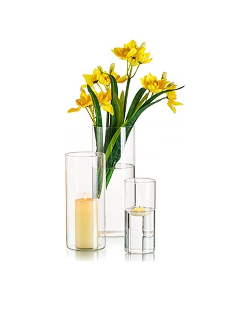Home zone Set of 3 Decorative Cylindrical Vase Clear (S+M+L) - Image 1