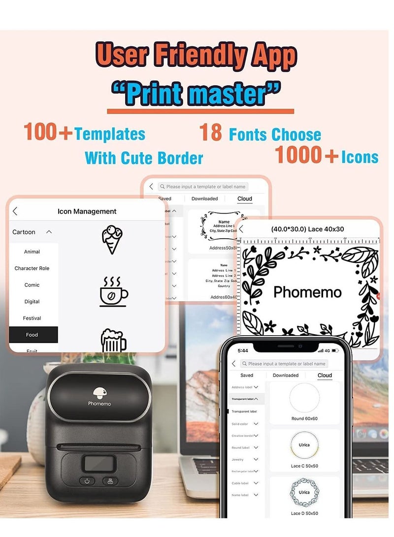 phomemo Label Maker with Tape, MarkDomain M110 Wireless Thermal Sticker Maker Machine with 1pack 40×30mm Label, for Clothing, Barcode, Retail, Address, Jewelry, Compatible with Android & iOS, Black - Image 2