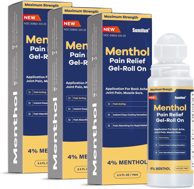 Sumifun 4 Menthol Pain Relief RollOn  25 Fl Oz Pack of 3  Pain Reliever of Nerve Pain Muscle Soreness  Neck Shoulder Knee  Back Pain Relief Products  NonGreasy Formula - Image 1