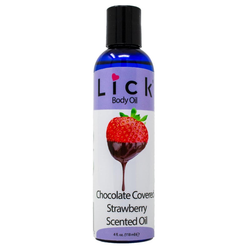 LICK زيت الجسم المعطر بنكهة الفراولة المغطاة بالشوكولاتة من LICK - زيت مرطب فاخر لبشرة متألقة، غني بزيوت الخروع، اللوز، الجوجوبا، وفيتامين E. مثالي للتدليك، والعناية اليومية 4 أونصة سائلة. - Image 1