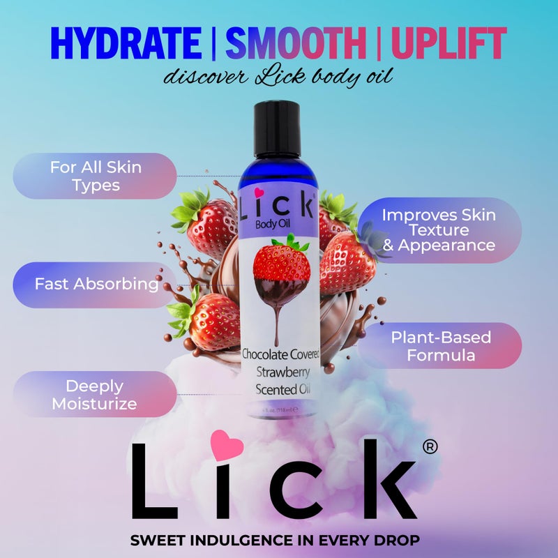 LICK زيت الجسم المعطر بنكهة الفراولة المغطاة بالشوكولاتة من LICK - زيت مرطب فاخر لبشرة متألقة، غني بزيوت الخروع، اللوز، الجوجوبا، وفيتامين E. مثالي للتدليك، والعناية اليومية 4 أونصة سائلة. - Image 3