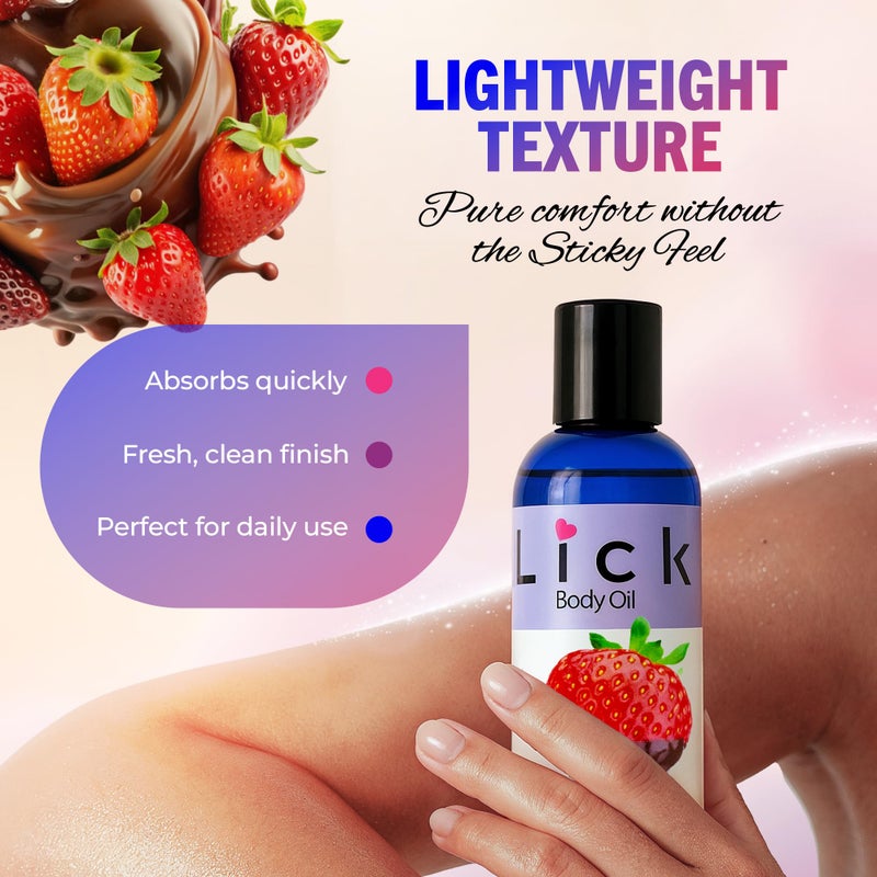 LICK زيت الجسم المعطر بنكهة الفراولة المغطاة بالشوكولاتة من LICK - زيت مرطب فاخر لبشرة متألقة، غني بزيوت الخروع، اللوز، الجوجوبا، وفيتامين E. مثالي للتدليك، والعناية اليومية 4 أونصة سائلة. - Image 4