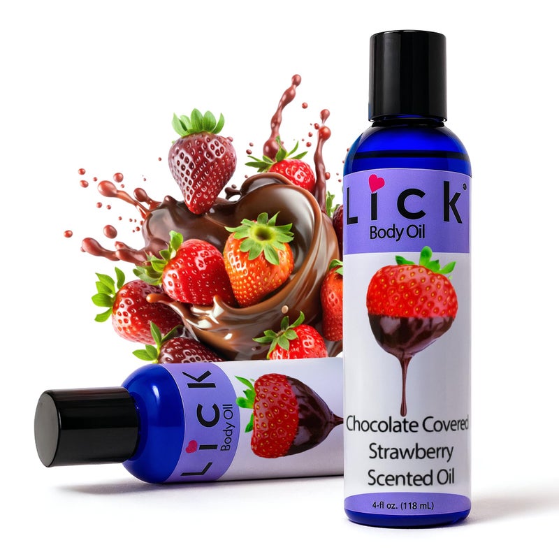LICK زيت الجسم المعطر بنكهة الفراولة المغطاة بالشوكولاتة من LICK - زيت مرطب فاخر لبشرة متألقة، غني بزيوت الخروع، اللوز، الجوجوبا، وفيتامين E. مثالي للتدليك، والعناية اليومية 4 أونصة سائلة. - Image 2