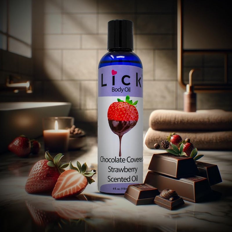 LICK زيت الجسم المعطر بنكهة الفراولة المغطاة بالشوكولاتة من LICK - زيت مرطب فاخر لبشرة متألقة، غني بزيوت الخروع، اللوز، الجوجوبا، وفيتامين E. مثالي للتدليك، والعناية اليومية 4 أونصة سائلة. - Image 5