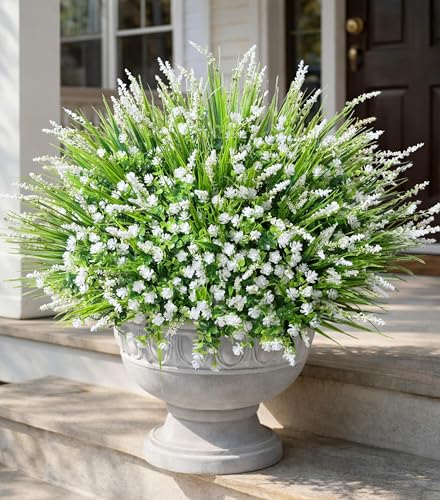 HyeFlora 20 Bundles Artificial Fake Outdoor Plants Flowers for Spring Decoration UV Resistant Realistic White Plastic Flowers Faux Plant Monkey Grass for Planter Home Garden Porch Patio Window Box - Image 1