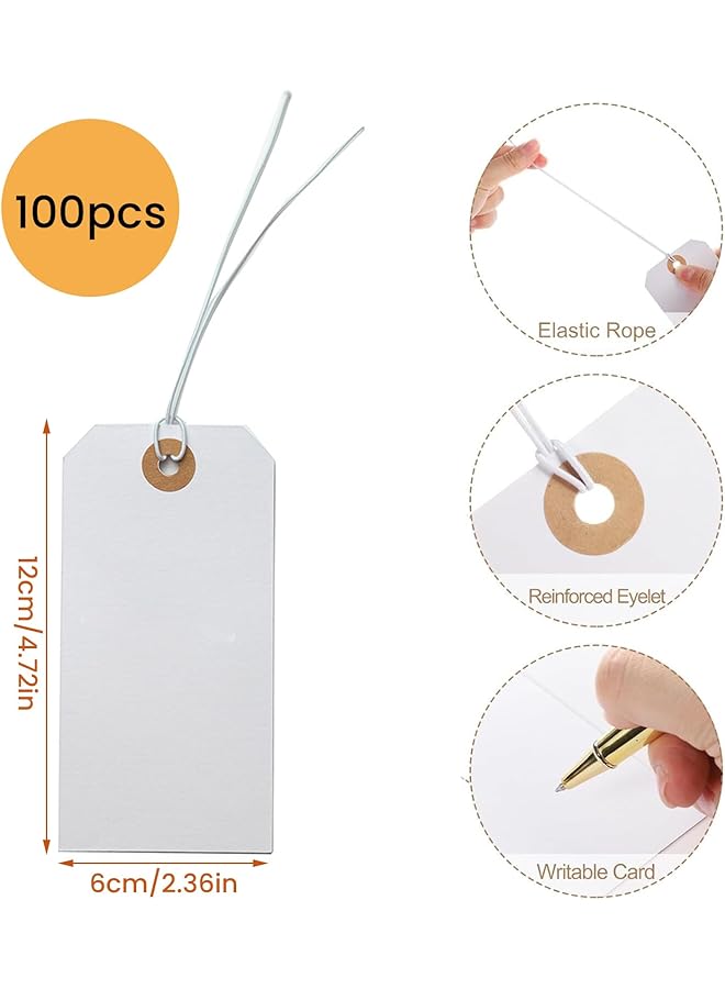 erorex 100Pcs White Tags With String Attached Large Marking Tags Paper Hanging Tags With Elastic Rope Attached Writable Price Tags Blank Paper Gift Tags For All Occasions - Image 2