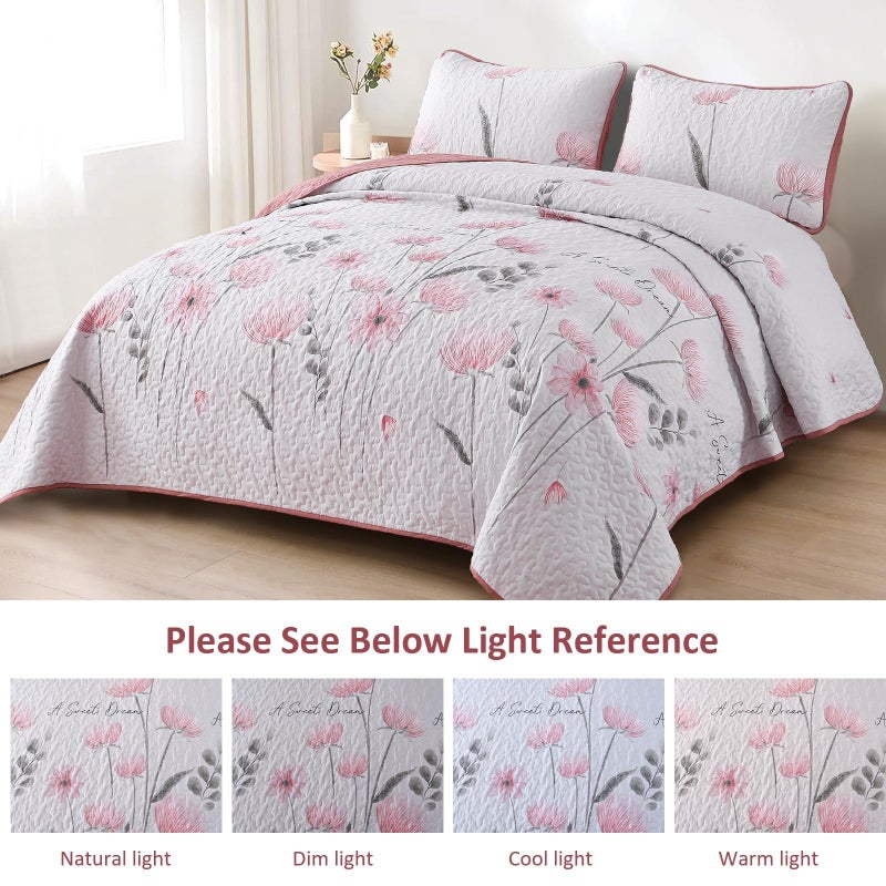Dinjoy Floral Quilt Set Queen,Pink Bedspread Queen Size 3 Pieces Lightweight Farmhouse Bedding Set Cute Quilts Soft Flower Bedspreads White Coverlet Sets for Girls Women Fall - Image 4