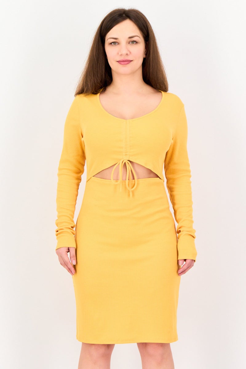 BCBG Women Ribbed Cutout Detail Bodycon Dress, Gold - Image 1