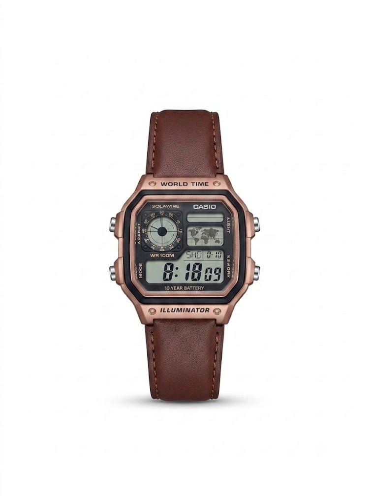 Casio World Time Digital Watch, Bronze-Tone Resin Case, Brown Genuine Leather Strap, 100M Water Resistant