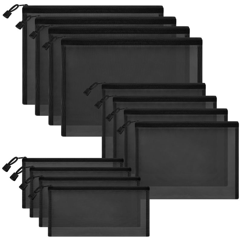 Sinzip 12 Pieces Zipper Nylon Mesh Pouch  Mesh Cosmetic Bags Makeup Bags Pencil Case  Multipurpose Travel Bags For Cosmetic School Office Supplies And Travel Accessories (Black  Assorted Sizes) - Image 1