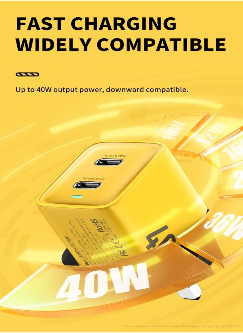 WEKOME PD 40W USB C Charger iPhone 15 Pro Max Charger 40W/20W 2 Port iPad Fast Charger Type C Wall Plug Dual USB-C Samsung Charger PD Quick Charge Adapter Charger USB C Plug Phone Charger Yellow  - Image 5