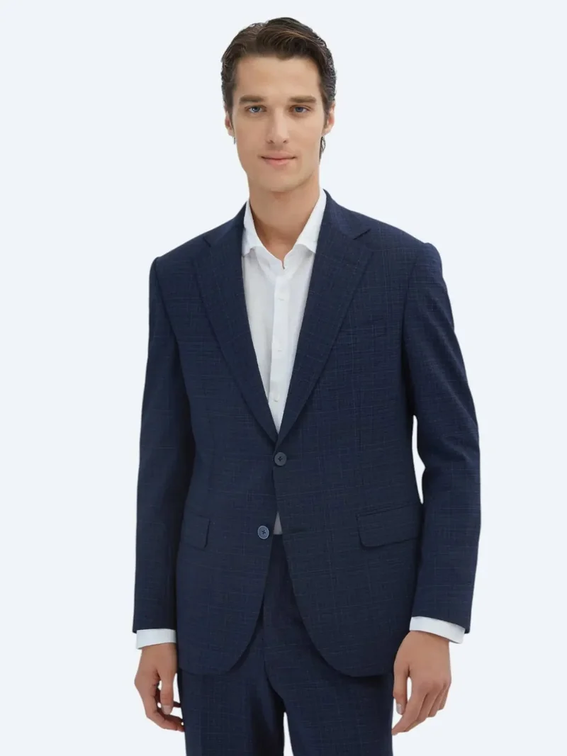 Kip Navy Blue Checkered Modern Fit Wool Blended Suit