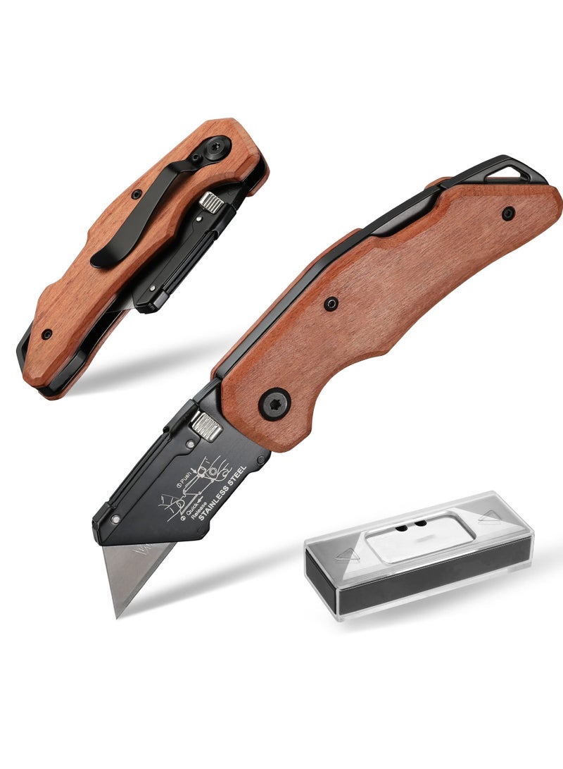Folding Utility Knife with Stainless Steel Head Quick-change Blade & Back Lock Wood Handle Heavy Duty Box Cutter 1PC Razor Knife with Extra 10PC SK5 Blades - Image 1