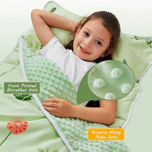 lasoftan Toddler Nap Mat with Pillow and Blanket Extra Large Rolled Napping MatsSlumber Bags for Boys GirlsKids Sleeping Bag for Daycare Preschool Travel Camping Green Butterfly - Image 3