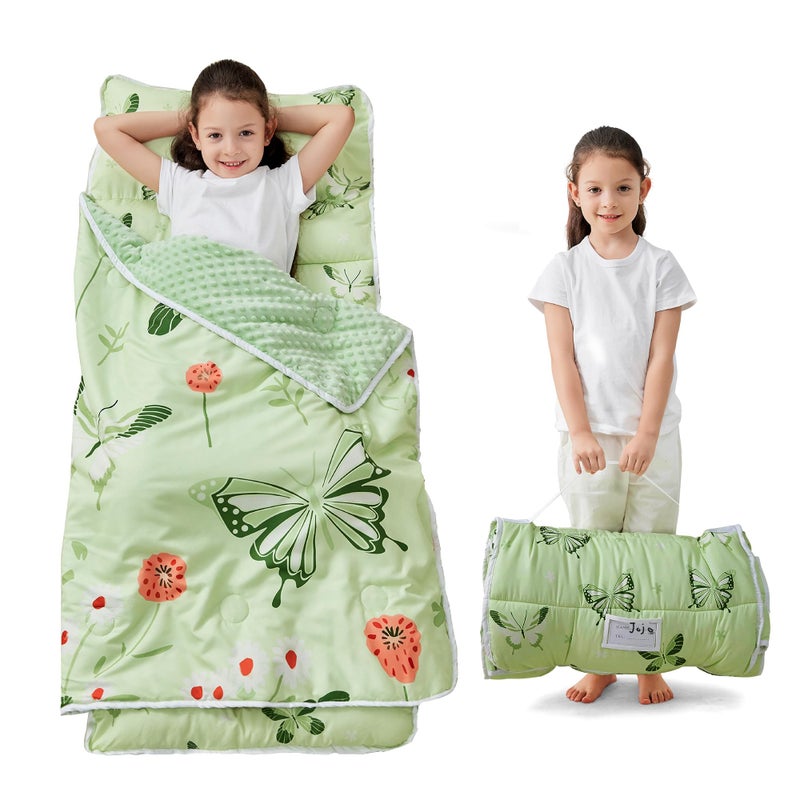 lasoftan Toddler Nap Mat with Pillow and Blanket Extra Large Rolled Napping MatsSlumber Bags for Boys GirlsKids Sleeping Bag for Daycare Preschool Travel Camping Green Butterfly - Image 2