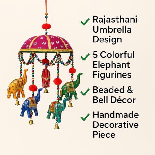 CDM Handmade Rajasthani Elephant Wind Chime | Decorative Hanging with Beads & Bells for Home, Balcony, Pooja Room – 15 x 6.5 Inch - Image 3