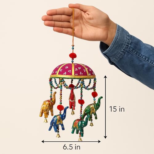 CDM Handmade Rajasthani Elephant Wind Chime | Decorative Hanging with Beads & Bells for Home, Balcony, Pooja Room – 15 x 6.5 Inch - Image 2