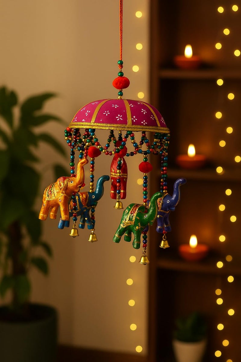 CDM Handmade Rajasthani Elephant Wind Chime | Decorative Hanging with Beads & Bells for Home, Balcony, Pooja Room – 15 x 6.5 Inch - Image 1