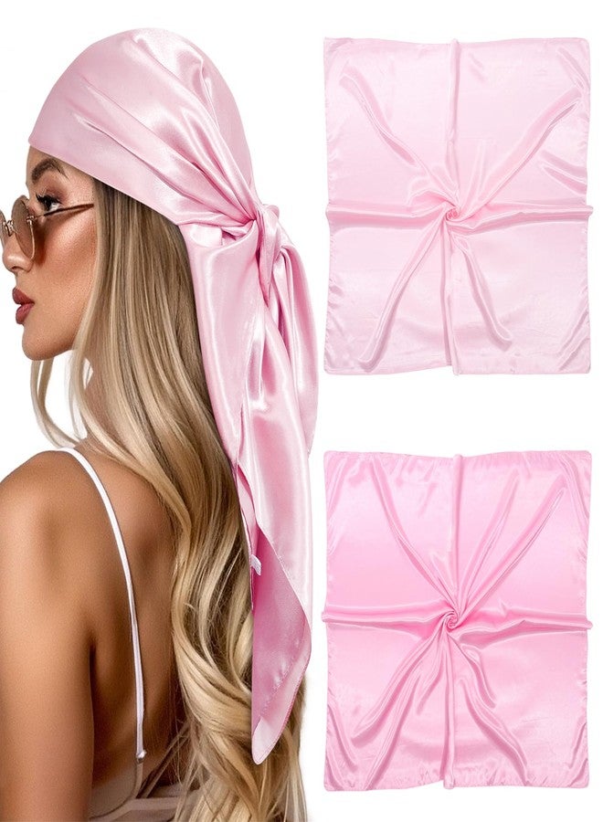 CHLINS 35” Large Head Scarf for Women Satin Head Scarf 2Pcs Square Silk Like Hair Scarf Bandanas Hair Wrapping Neck Scarf (Pink+Light Rose) - Image 1