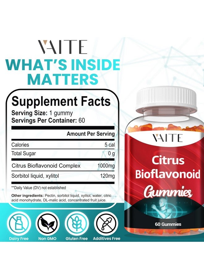 VAITE مكمل مركب البيوفلافونويد الحمضي 1000 ملغ - مضاد للأكسدة وحلويات العافية مع البيوفلافونويد النباتي - خالي من السكر، صيغة قابلة للمضغ، غير معدلة وراثيًا، خالية من الجلوتين، خالية من الصويا - 60 مضغ نباتي - Image 3