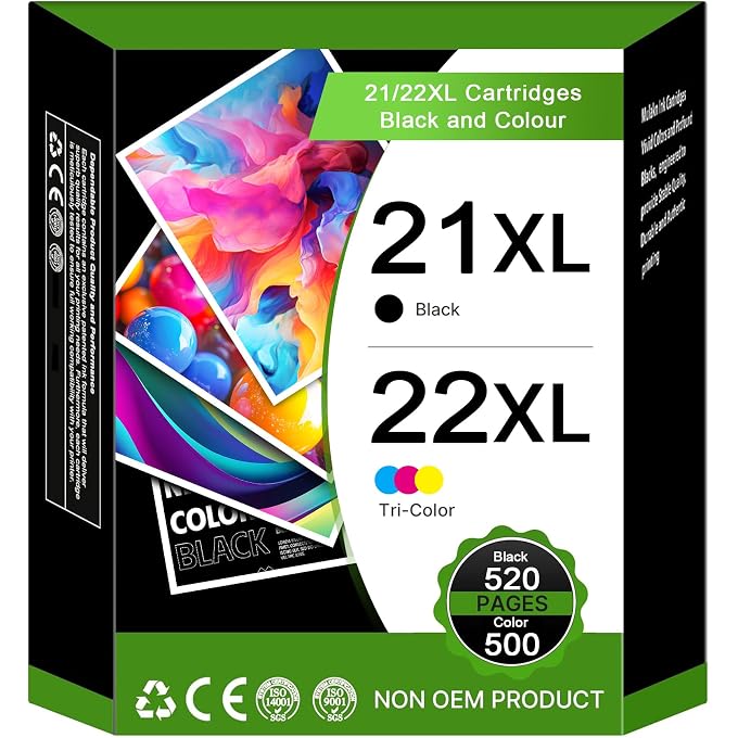 خراطيش ColoWorld 21 22 XL متوافقة مع خراطيش الحبر 21XL 22XL، حزمة سوداء وملونة ل Deskjet F2120 F2280 F380 F4180 F335 F375 F4190 ل PSC 1410 1415 ل Officejet 4315 435 5 UK
