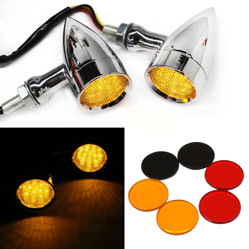 MISS MOLY Chrome Motorcycle LED Turn Signals Amber Light Brake Running Tail Light Bullet