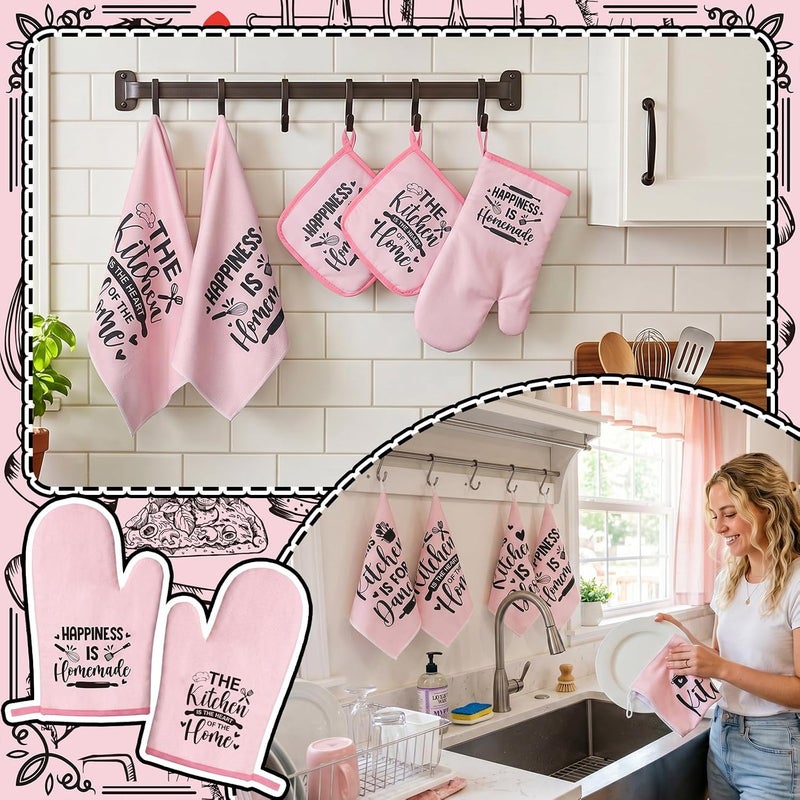 Bencailor 12 Pcs Farmhouse Kitchen Decorations Sets 8 Pink Black Kitchen Dish Towels 2 Pot Holders 2 Oven Mitts Glove Rustic Hand Towels and Dishcloths for Home Accessories Mom Gifts - Image 4