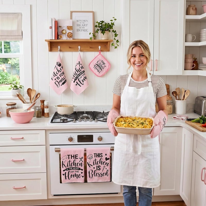 Bencailor 12 Pcs Farmhouse Kitchen Decorations Sets 8 Pink Black Kitchen Dish Towels 2 Pot Holders 2 Oven Mitts Glove Rustic Hand Towels and Dishcloths for Home Accessories Mom Gifts - Image 2