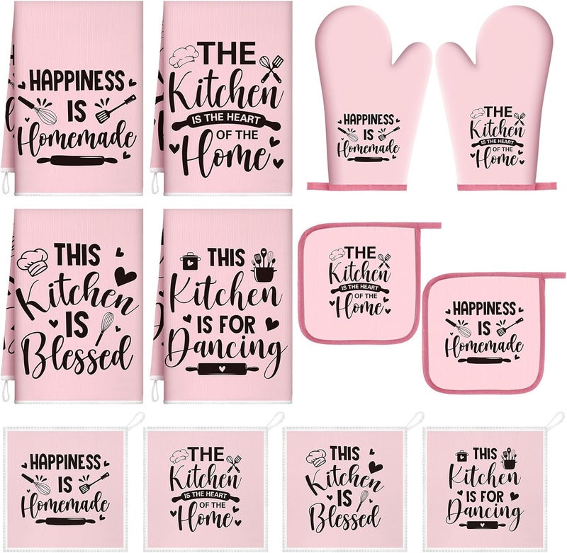 Bencailor 12 Pcs Farmhouse Kitchen Decorations Sets 8 Pink Black Kitchen Dish Towels 2 Pot Holders 2 Oven Mitts Glove Rustic Hand Towels and Dishcloths for Home Accessories Mom Gifts - Image 1
