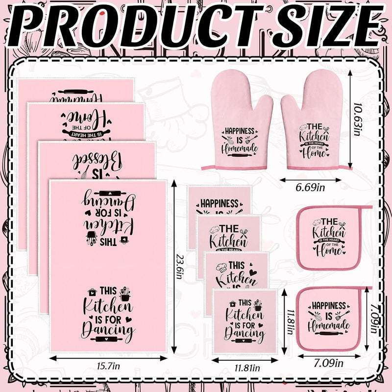 Bencailor 12 Pcs Farmhouse Kitchen Decorations Sets 8 Pink Black Kitchen Dish Towels 2 Pot Holders 2 Oven Mitts Glove Rustic Hand Towels and Dishcloths for Home Accessories Mom Gifts - Image 3