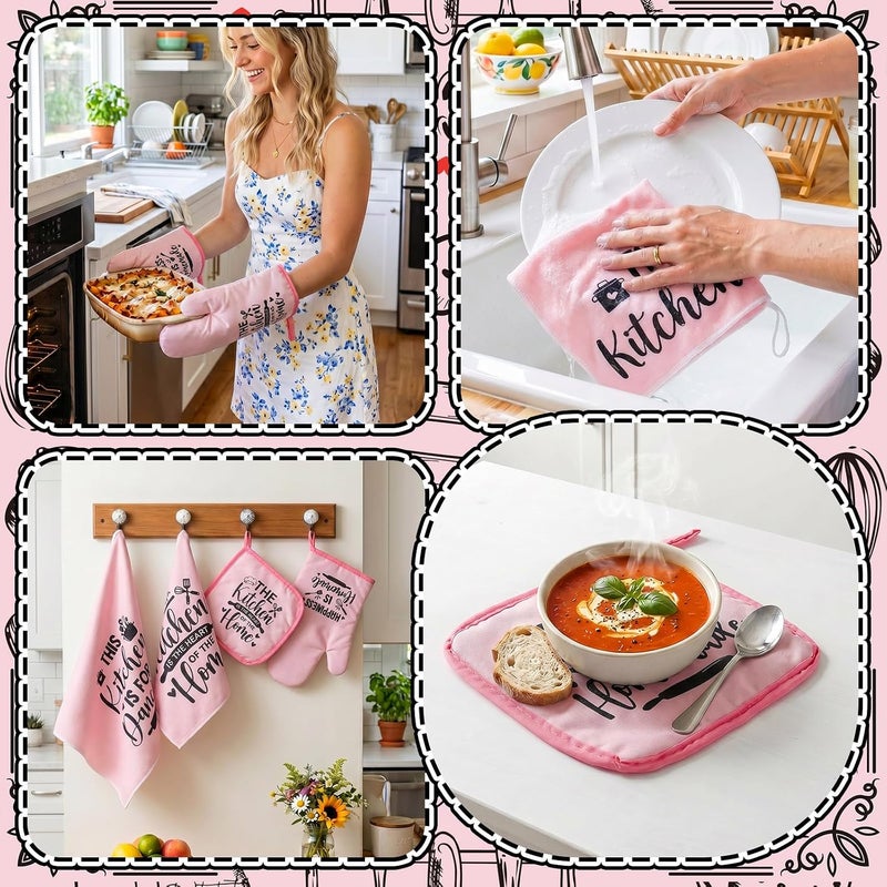 Bencailor 12 Pcs Farmhouse Kitchen Decorations Sets 8 Pink Black Kitchen Dish Towels 2 Pot Holders 2 Oven Mitts Glove Rustic Hand Towels and Dishcloths for Home Accessories Mom Gifts - Image 5