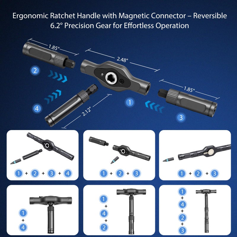 DikTalk 24-in-1 Magnetic Ratchet Multi-Bit Screwdriver Set with S2 Steel Bits, 6.2Â° Fine Ratchet Gear, Extended Lever Handle & Detachable Grip, Compact Tool Kit for Home Appliances, Small Furniture & Home DIY - Image 3
