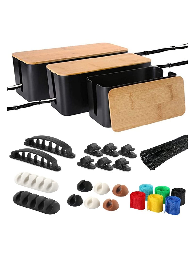 XiuWoo 3 Pack Bamboo Lid Cable Concealer Box with 23 PCS Wire Organized Clip Accessories, Great to Hide Surge Protector Desk Power Strips Cord for Office Home, TV, Black 4  - Image 1
