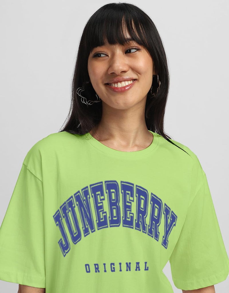 JUNEBERRY® 100% Pure Cotton Oversized Drop Shoulders Brand Logo Typography Print Round-Neck Relaxed Fit Green T-Shirt for Women (JB_OS_100_JBORGNL_GRN132_S) - Image 3