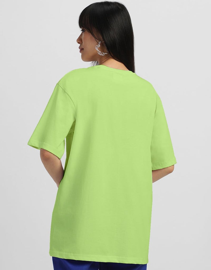 JUNEBERRY® 100% Pure Cotton Oversized Drop Shoulders Brand Logo Typography Print Round-Neck Relaxed Fit Green T-Shirt for Women (JB_OS_100_JBORGNL_GRN132_S) - Image 4