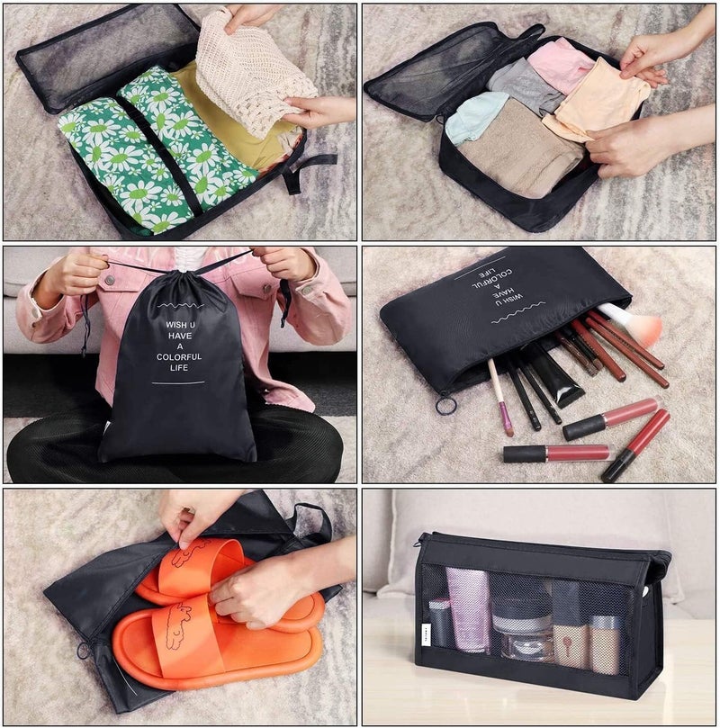 TS WITH TECHSUN 7 Pcs Travel Organizer Pouch Packing Cubes for Clothes Space Savers Bags Cosmetics/Underwear/Socks/Shoes Toiletry Bag Laundry Organiser (Nylon) (Black) - Image 2