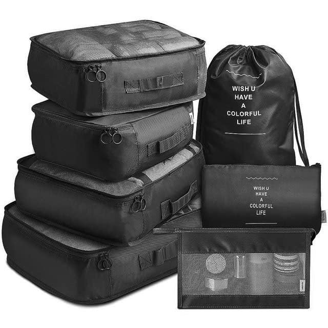 TS WITH TECHSUN 7 Pcs Travel Organizer Pouch Packing Cubes for Clothes Space Savers Bags Cosmetics/Underwear/Socks/Shoes Toiletry Bag Laundry Organiser (Nylon) (Black) - Image 1