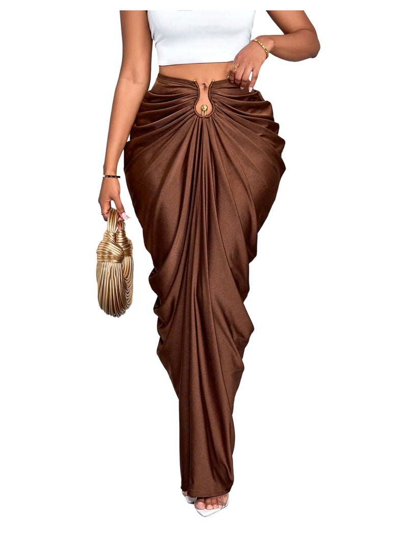 WDIRARA Women's Ruched Bodycon Maxi Skirt Cocktail Party High Waisted Long Fishtail Skirts Coffee Brown Small - Image 1