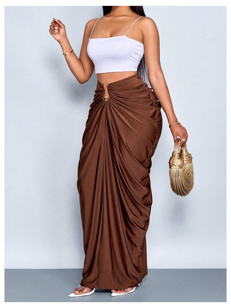 WDIRARA Women's Ruched Bodycon Maxi Skirt Cocktail Party High Waisted Long Fishtail Skirts Coffee Brown Small - Image 5