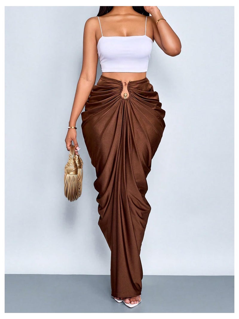 WDIRARA Women's Ruched Bodycon Maxi Skirt Cocktail Party High Waisted Long Fishtail Skirts Coffee Brown Small - Image 4