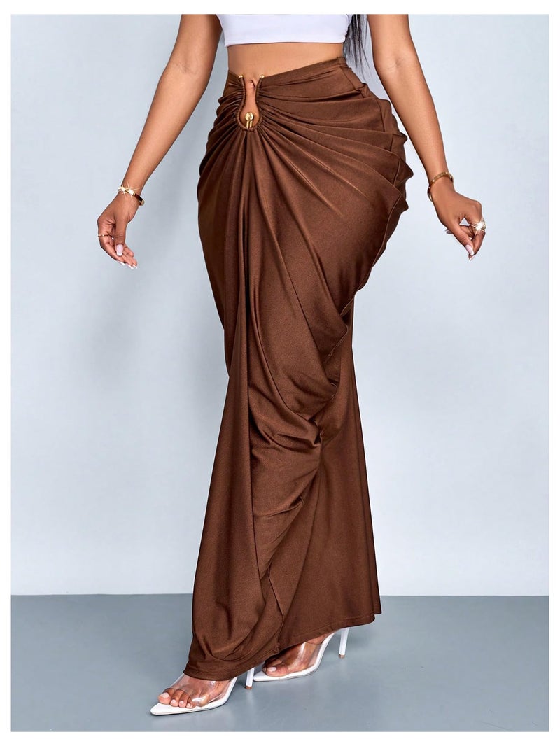 WDIRARA Women's Ruched Bodycon Maxi Skirt Cocktail Party High Waisted Long Fishtail Skirts Coffee Brown Small - Image 2