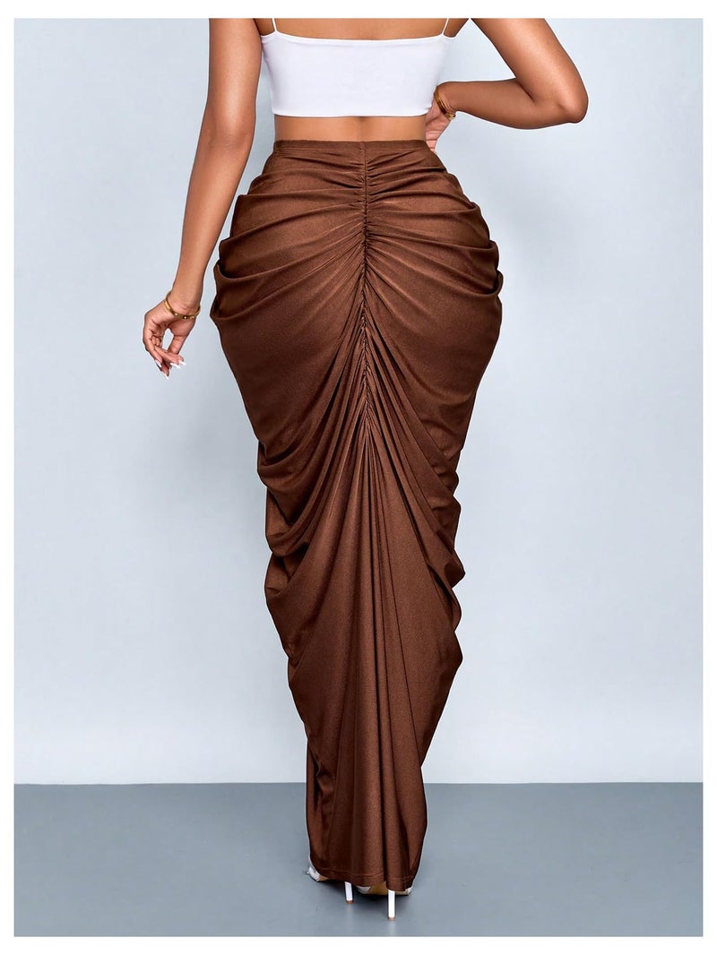 WDIRARA Women's Ruched Bodycon Maxi Skirt Cocktail Party High Waisted Long Fishtail Skirts Coffee Brown Small - Image 3