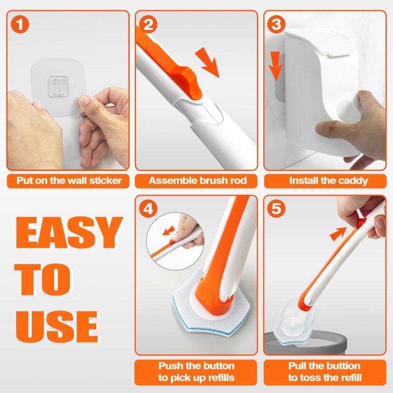 JEHONN Disposable Toilet Bowl Cleaner Wand with 40 Cleaner Refills, Wall Mounted Long Handle Compact Bathroom Scrub Brush Holder Set for Sink Bathtub Wash Basin Mop Pool (Orange) - Image 2