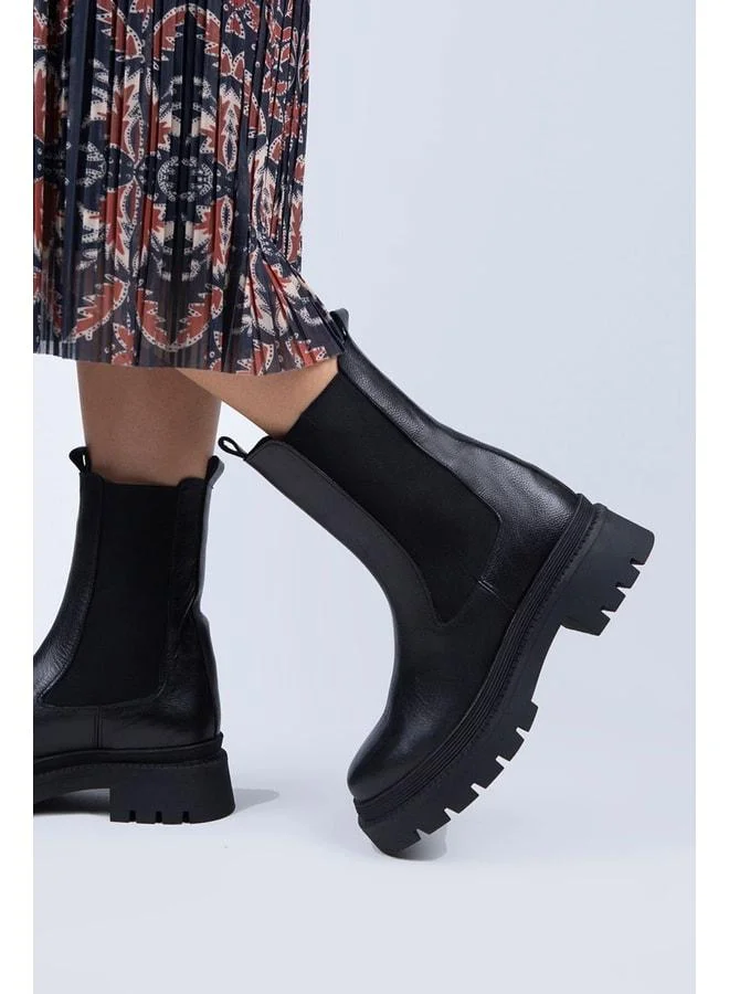 Agatha Women's Genuine Leather Double-Sided Elastic Black Boot.