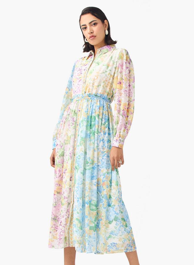 2Xtremz Floral Print Shirt Dress with Cuff Sleeves and Tie-Up Belt - Image 2