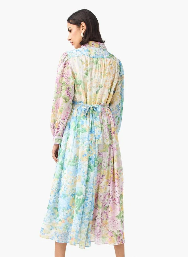 2Xtremz 2Xtremz Floral Print Shirt Dress with Cuff Sleeves and Tie-Up Belt