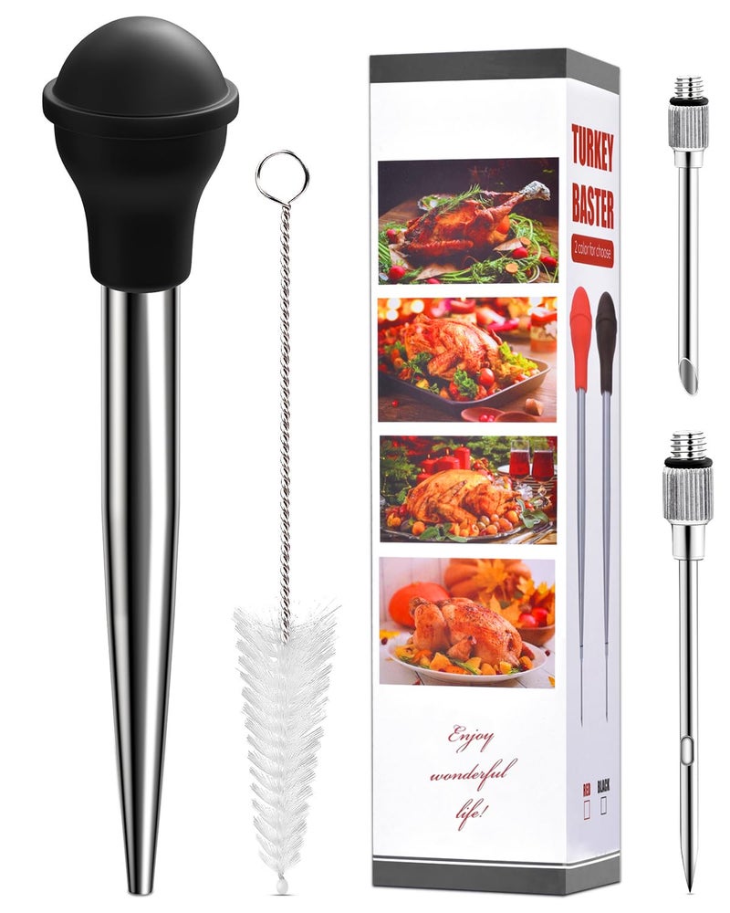 Turkey Baster Long ARRITZ Stainless Steel Baster For Cooking with Cleaning Brush 2 Detachable Needles Black