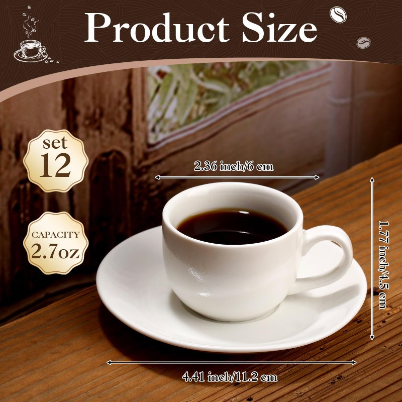 Maxdot 12 Set 2.7 OZ Porcelain Espresso Cups with Saucers White Ceramic Coffee Cups and Saucers Cappuccino Mug Latte Cup for Cafe Mocha Barista Coffee Shop - Image 2